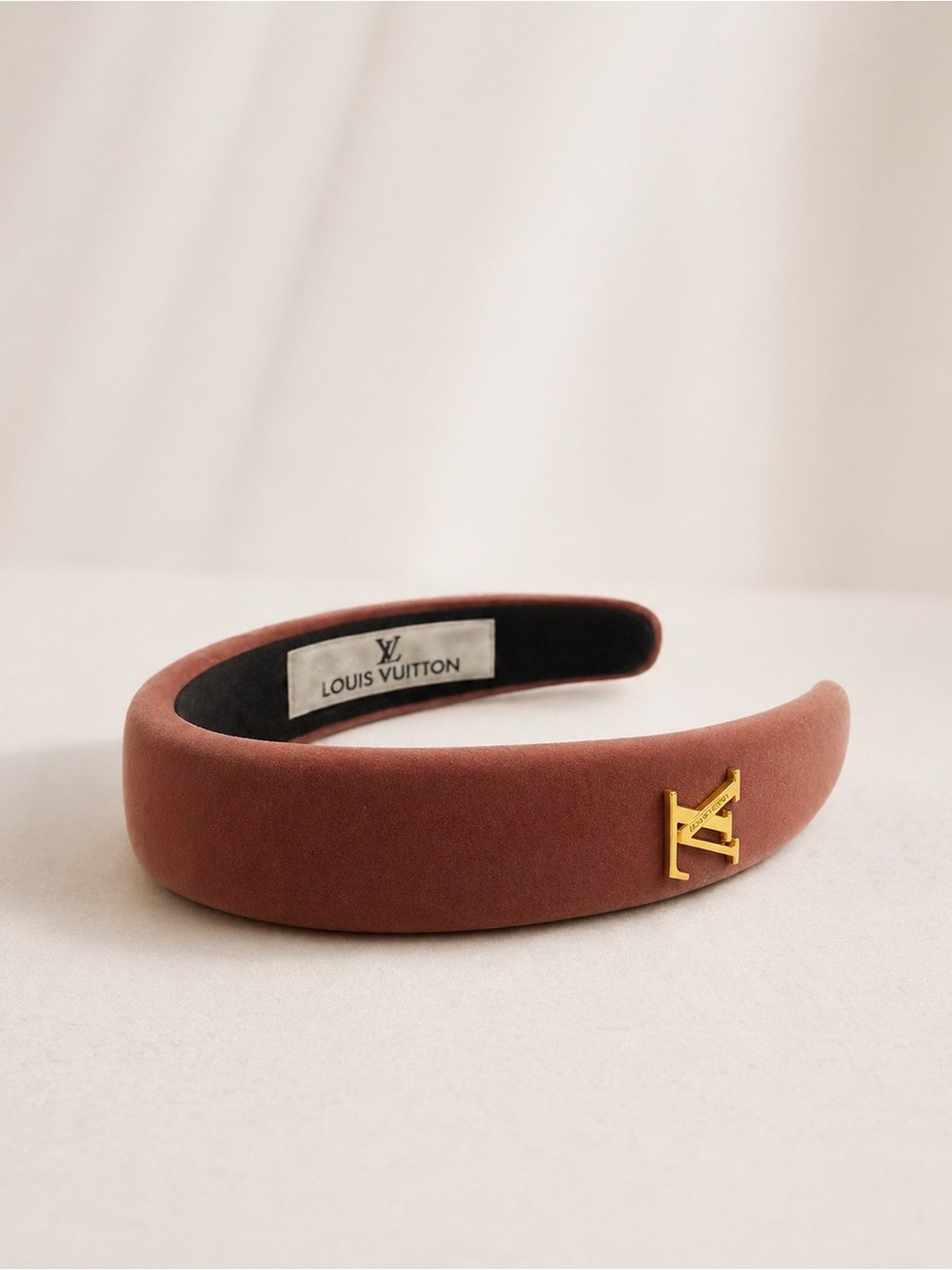 Louis Vuitton Rust-Brown Padded Headband with Gold LV Emblem - Picture 4 of 4